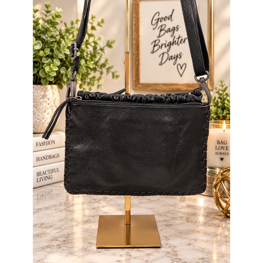 Latico NJ USA Black Leather Ruffle Top Whipstitch Crossbody Bag Clutch